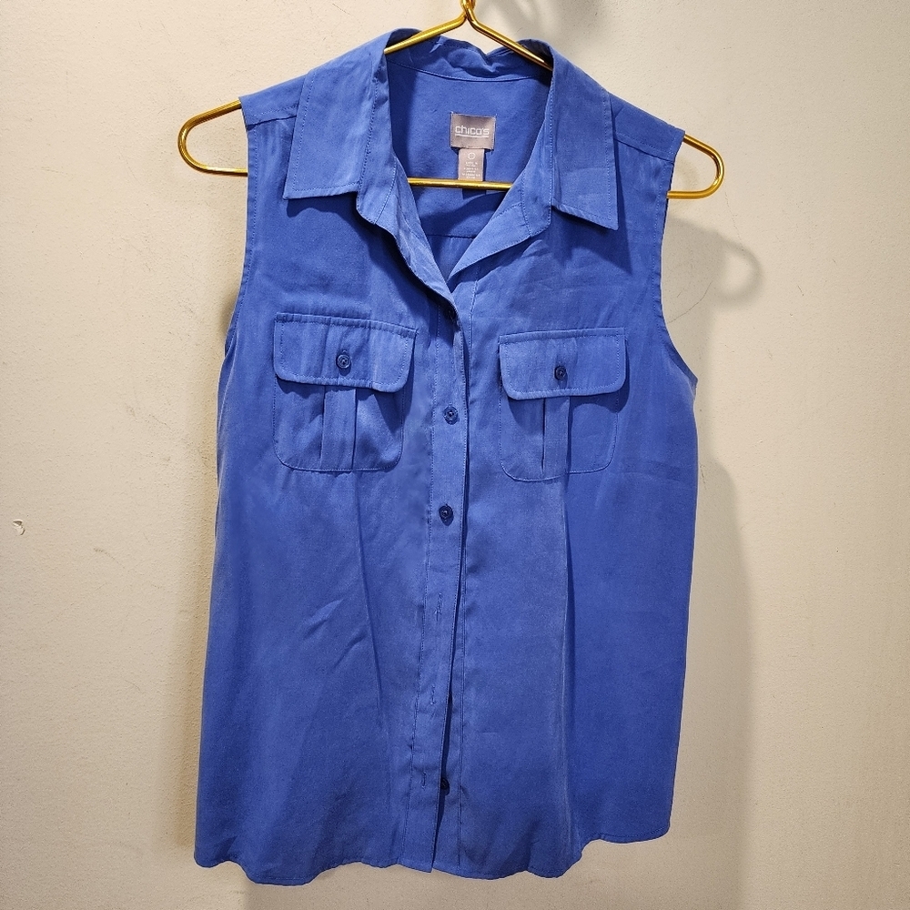 CHICO'S Stylish Blue Button-Up Sleeveless Top Size 0